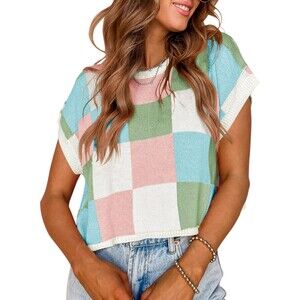 Saodimallsu Womens Cap Sleeve Crop Tops Summer Color Block Going Out Crew Neck